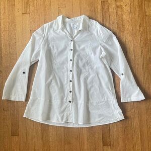 White linen and cotton button up shirt dress with ruffle hem